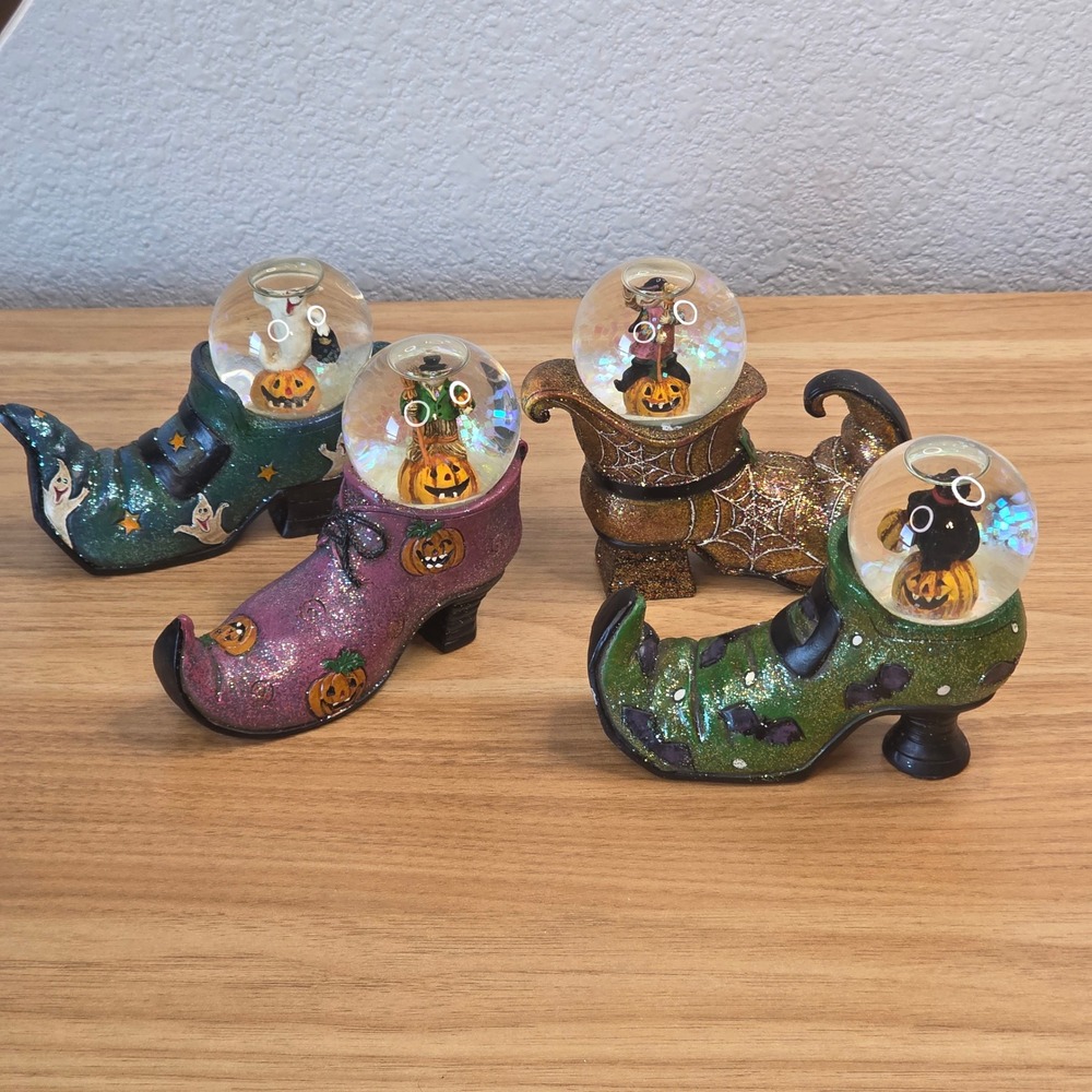 Halloween Snow Globe Witch Boot Set 4pc Black Cat Ghost Scarecrow Pumpkin